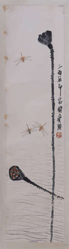 CHINESE SCROLL PAINTING OF LOTUS AND DRAGONFLY