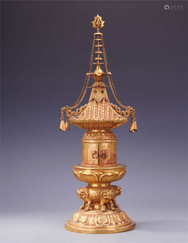 CHINESE GILT BRONZE BUDDHIST NICHE TOWER