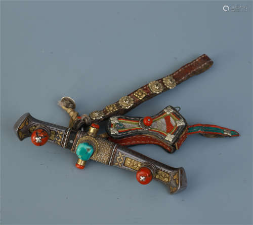 TIBETAN KNIFE WITH GEM STONE INLAID SILVER HANDLE AND SHEATH