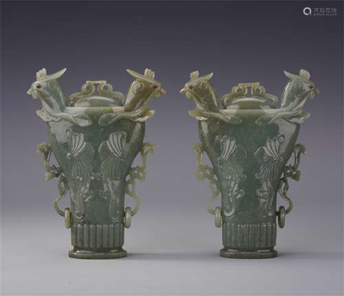 CHINESE CELADON JADE PHOENI cm by  HEAD LIDDED VASES