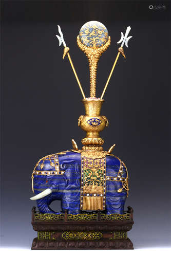 CHINESE LAPIS ELEPHANT WITH JADE INLAID GILT BRONZE ENAMEL VASE AND AGALWOOD BASE