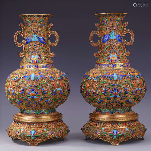 CHINESE GEM STONE INLAID GILT SILVER ENAMEL TIANQIU VASES ON BASE