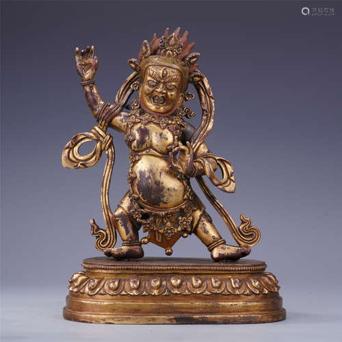 TIBETAN GILT BRONZE STANDING BUDDHIST GUARDIAN