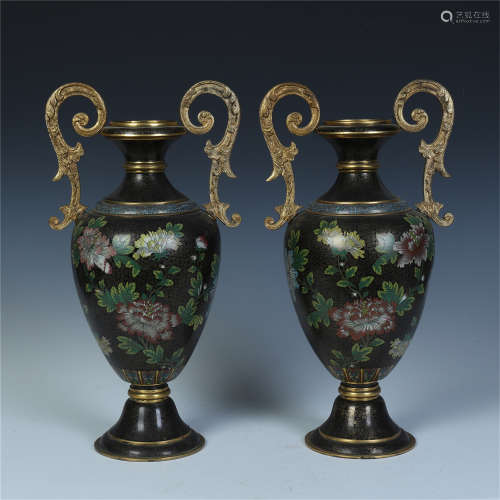 PAIR OF CHINESE CLOISONNE HANDLED VASES