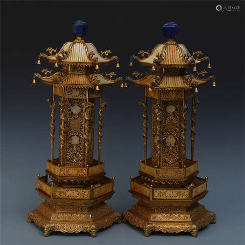 PAIR OF CHINESE GILT BRONZE JADE LAPIS INLAID PAVILION INCENSE CAGES