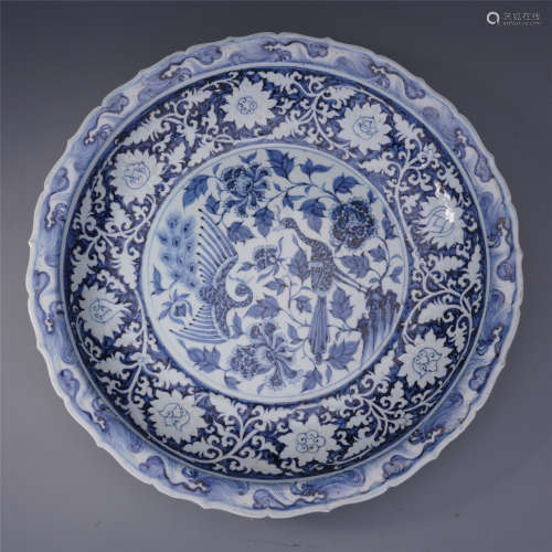 LARGE CHINESE PORCELAIN BLUE AND WHITE PHOENI cm by  FLOWER CHARGER