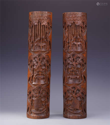 PAIR OF CHINESE BAMBOO CARVED INCENSE POTS