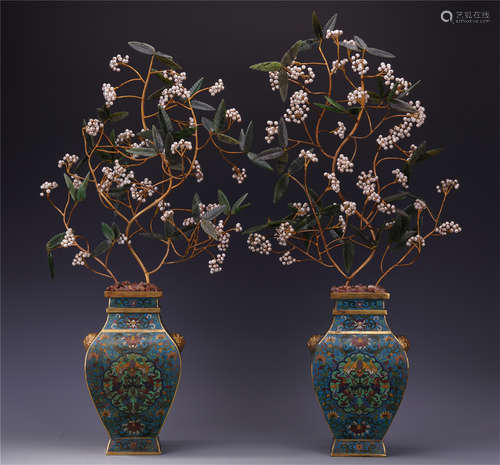 PAIR OF CHINESE PEARL JADE BANSAI IN CLOISONNE VASE