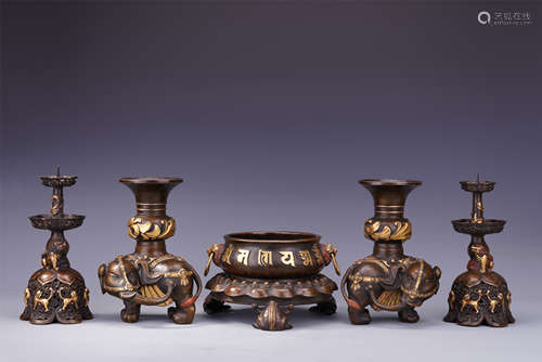 FIVE CHINESE GOLD BRONZE RITAL VESSELS CENSER ELEPHANT VASE AND CANDLE HOLDER