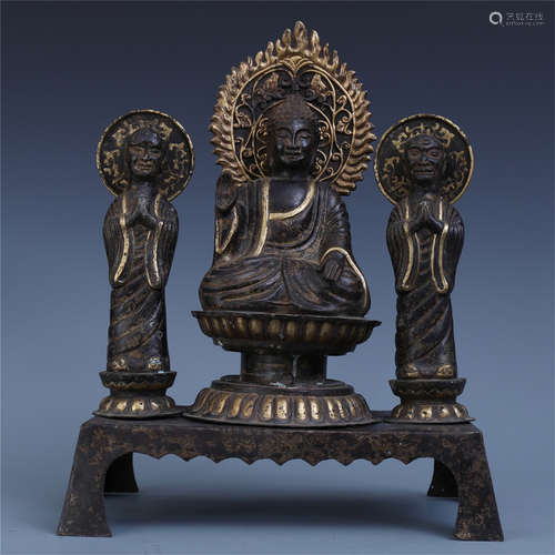 THREE CHINESE GOLD INLAID BRONZE BUDDHA ON STAND