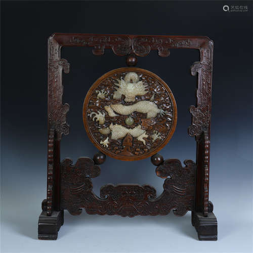 CHINESE HARDWOOD HUANGHUALI DRAGON ROUND PLAQUE ZITAN TABLE SCREEN