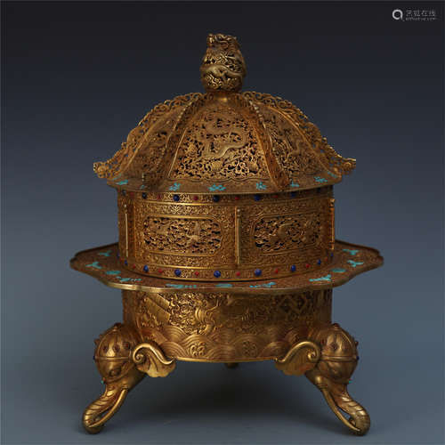 CHINESE TURQUOISE INLAID GILT BRONZE LIDDED DRAGON TRIPLE FEED INCENSE CAGE