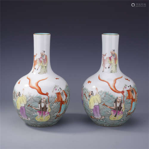 PAIR OF CHINESE PORCELAIN FAMILLE ROSE EIGHT IMMOTRAL TIANQIU VASES LATE QING DYNASTY