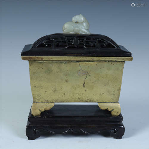 CHINESE BRONZE SQUARE CENER WITH JADE HORSE KNOT ROSEWOOD LID AND BASE