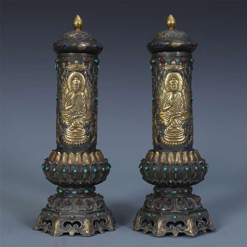 PAIR OF CHINESE GEM STONE INLAID PARTLY GILT SILVER BUDDHIST INSCRIPT HOLDERS