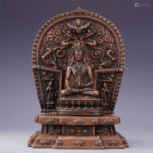 CHINESE GEM STONE INLAID BRONZE SEATED BUDDHA