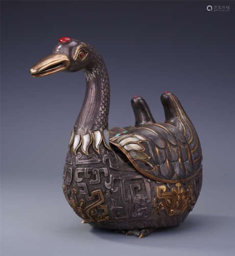 CHINESE GEM STONE INLAID SILVER DUCK SHAPED INCENSE CAGE