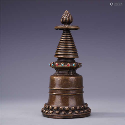 TIBETAN GEM STONE INLAID BRONZE BUDDHIST TOWER