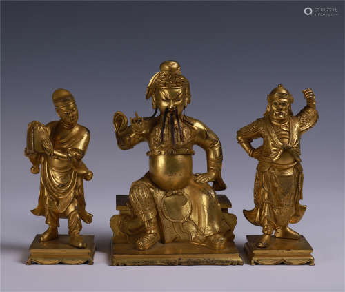 CHINESE GILT BRONZE SEATED GENERAL WITH TWO GUARDS