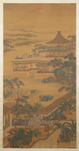 CHINESE SCROLL PAINTING OF PALACE IN MOUNTAIN