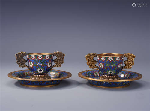 PAIR OF CHINESE CLOISONNE GILT BRONZE CUPS WITH DISHES