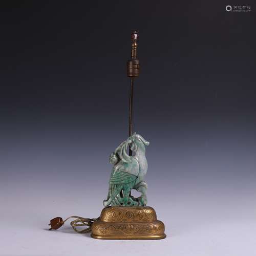 CHINESE JADEITE PHOENIX ON GILT BRONZE BASE MOUNTED AS LAMP