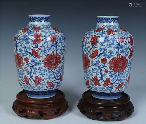 PAIR OF CHINESE PORCELAIN BLUE AND WHITE IRON RED FLOWER VASES