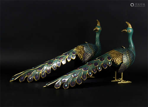 PAIR OF CHINESE CLOISONNE PEACOCK INCENSE CAGES