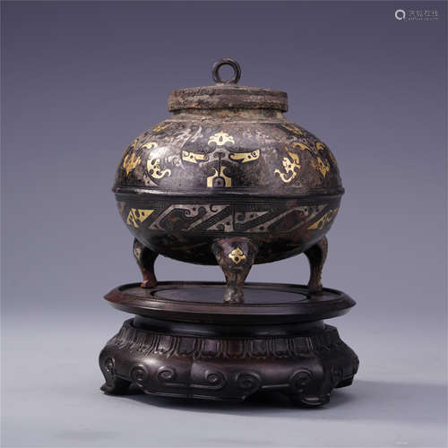 CHINESE GOLD SILVER INLAID BRONZE LIDDED TRIPLE FEED CENSER