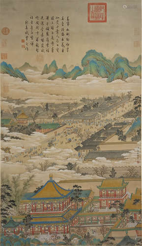 CHINESE SCROLL PAINTING OF PALACE IN MOUNTAIN