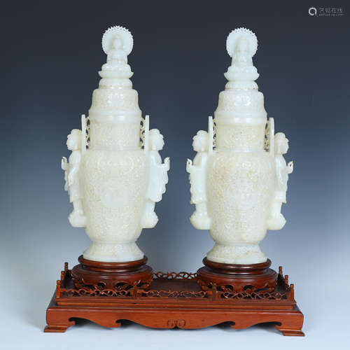 PAIR OF CHINESE WHITE JADE LIDDED VASES