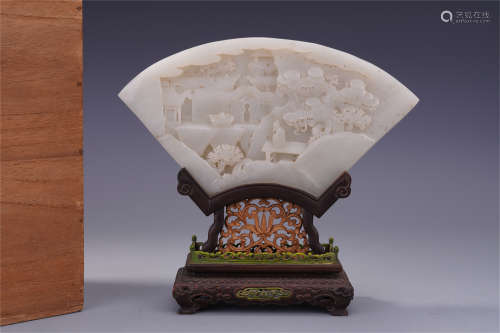 CHINESE WHITE JADE FAN PLAQUE WITH AGALWOOD TABLE SCREEN