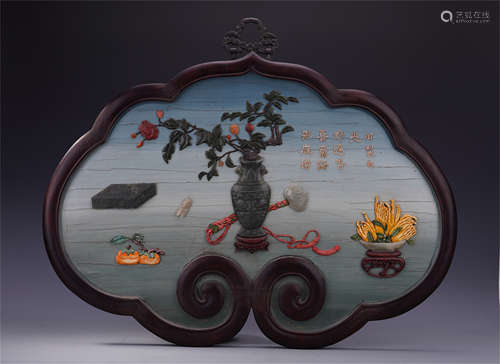 CHINESE GEM STONE INLAID LACQUER HARDWOOD ZITAN CLOUD SHAPED WALL SCREEN QING DYNASTY