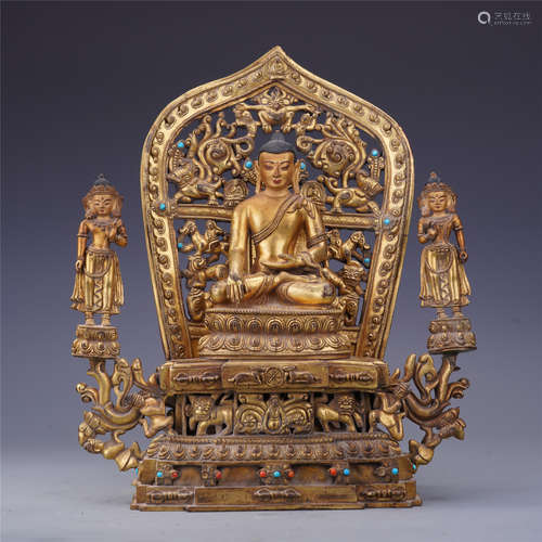 CHINESE GEM STONE INLAID GILT BRONZE SEATED BUDDHA