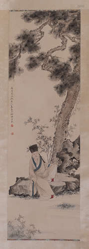 CHINESE SCROLL PAINTING OF MAN UNDER TREE