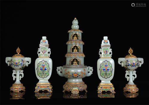 FIVE CHINESE GEM STONE INLAID GILT SILVER ENAMEL CELADON JADE RITAL VESSELS