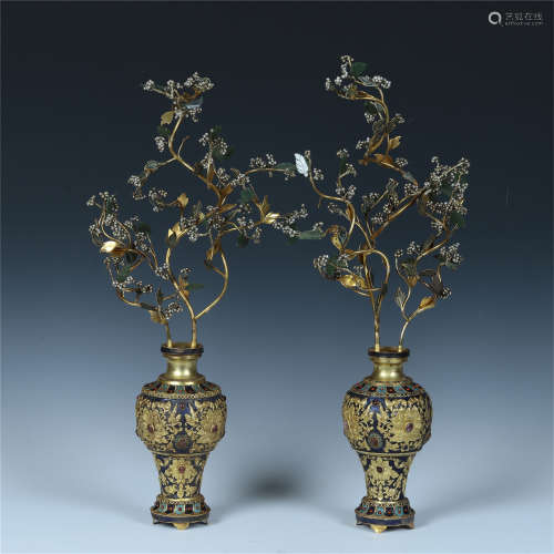 PAIR OF CHINESE GEM STONE INLAID GILT SILVER BENSAI IN BRONZE VASES
