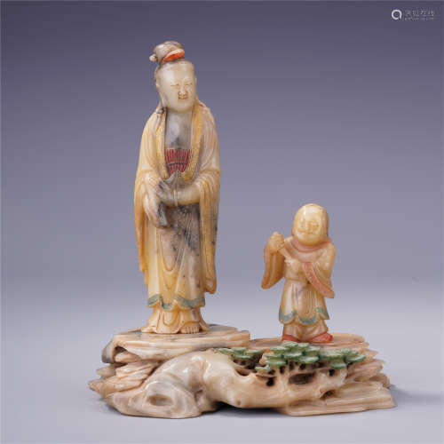 CHINESE COLOR SOAPSTONE STANDING GUANYIN WITH BOY
