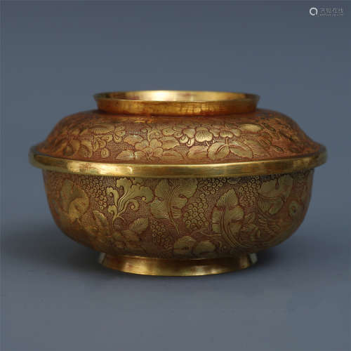 CHINESE PURE GOLD FLOWER LIDDED BOWL