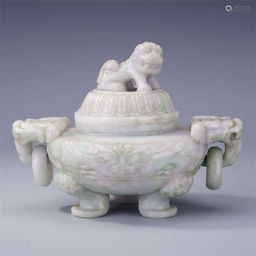 CHINESE JADEITE LION KNOT LOOP HANDLE TRIPLE FEED CENSER