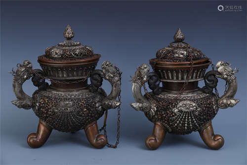 PAIR OF CHINESE SILVER BRONZE TRIPLE FEET LIDDED CENSERS