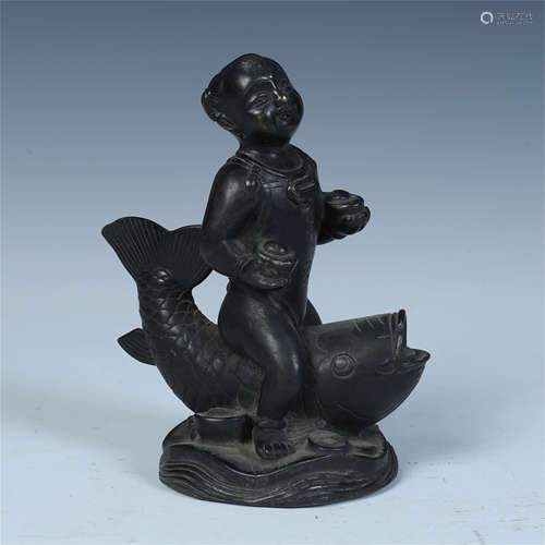 CHINESE BRONZE BOY ON FISH TABLE ITEM