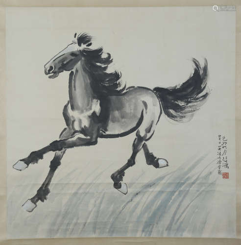 CHINESE SCROLL PAINTING OF HORSE WITH CERTIFICATE FROM ARTIST'S WIFE