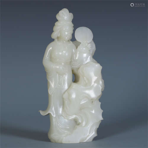 CHINESE CELADON JADE CARVED BEAUTY WITH FAN
