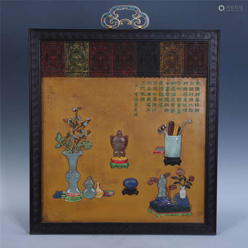 CHINESE GEM STONE INLAID HARDWOOD ZITAN WALL SCREEN