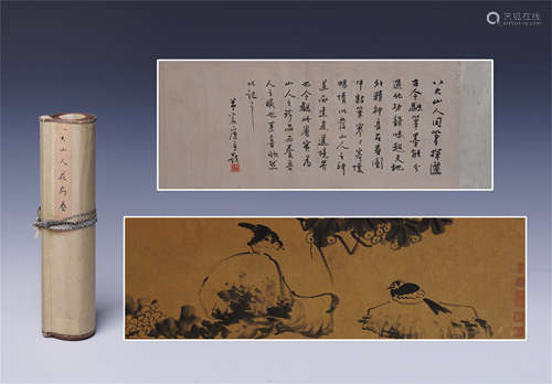 CHINESE HAND SCROLL PAINTING OF BIRD AND ROCK WITH CALLIGRAPHY