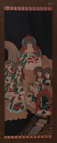 CHINESE SCROLL PAINTING OF BUDDHA GATHERING