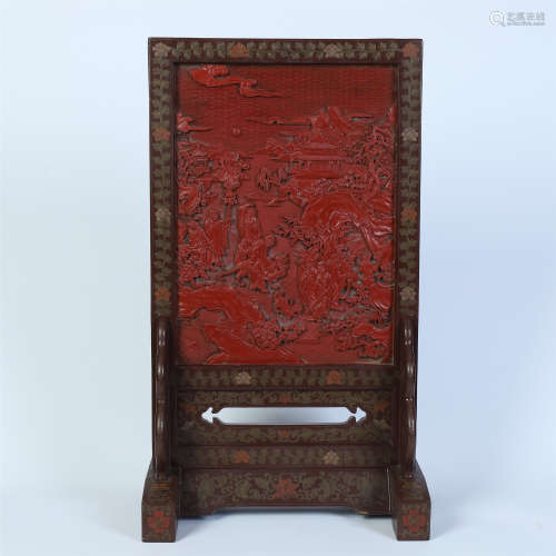 CHINESE CINNABAR PLAQUE LACQUER TABLE SCREEN