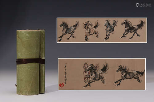 CHINESE SCROLL PAINTING OF TEN HORSES