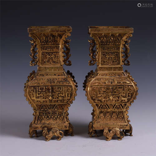 PAIR OF LARGE CHINESE GILT BRONZE SQUARE VASES